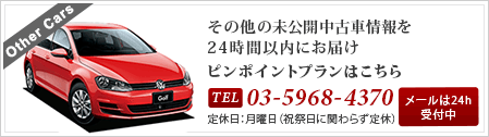 その他の未公開中古車情報を24時間以内にお届けピンポイントプランはこちら Tel:03-5968-4370 定休日：月曜日（祝祭日に関らず定休） メールは24h受付中